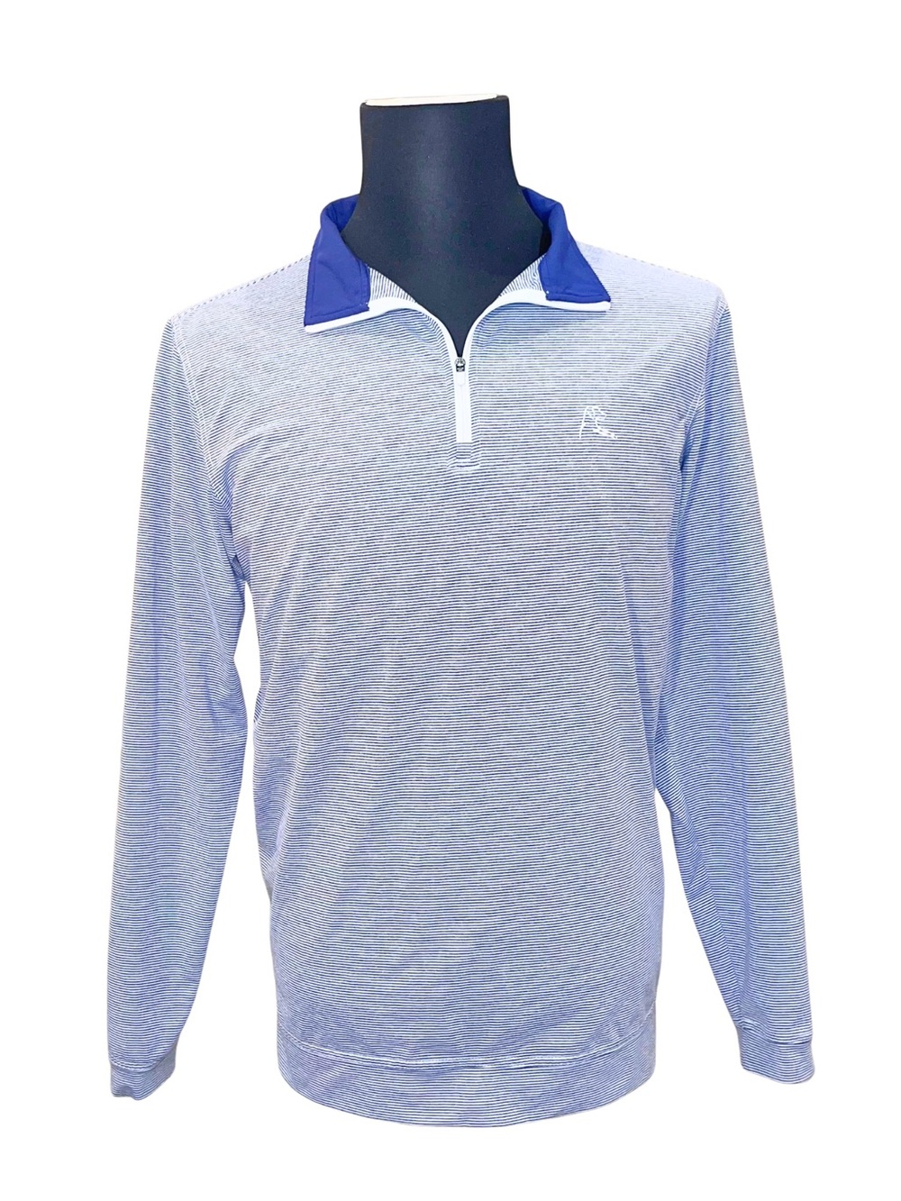 Rhoback Sz M Riva Heather Stripe Performance Q-Zip in Fleet Navy & White w/ Logo